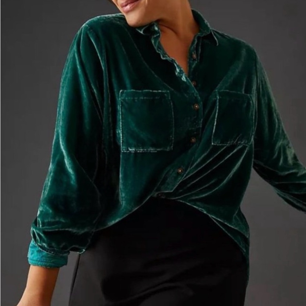 Anthropologie Pilcro Relaxed Velvet Buttondown Shirt Top Blouse Emerald Green - Picture 6 of 7